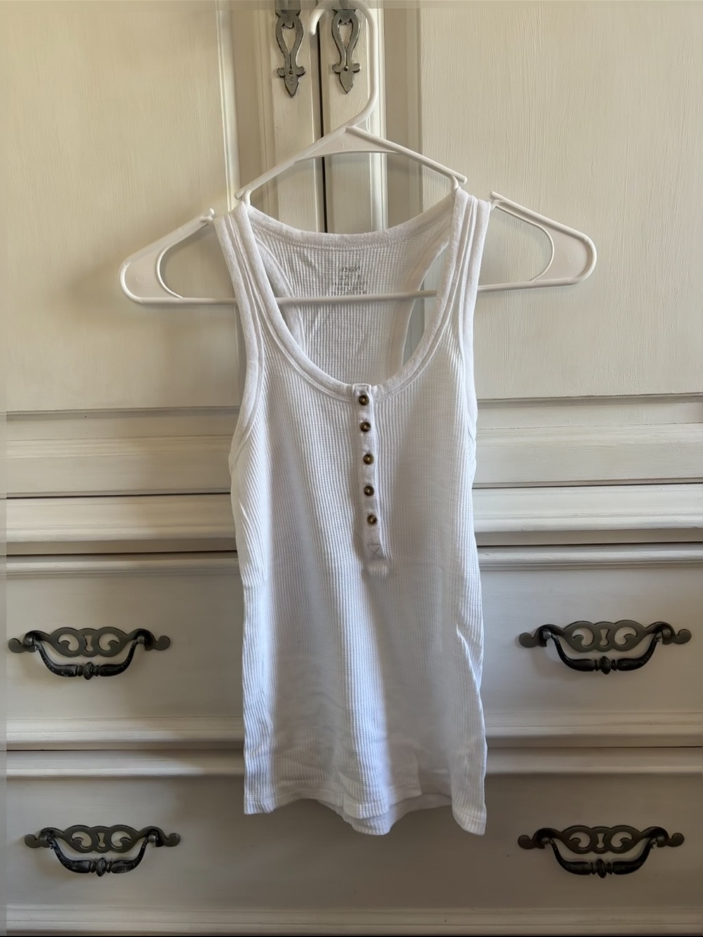 Aerie White Ribbed Henley Tank Top with Button Detail